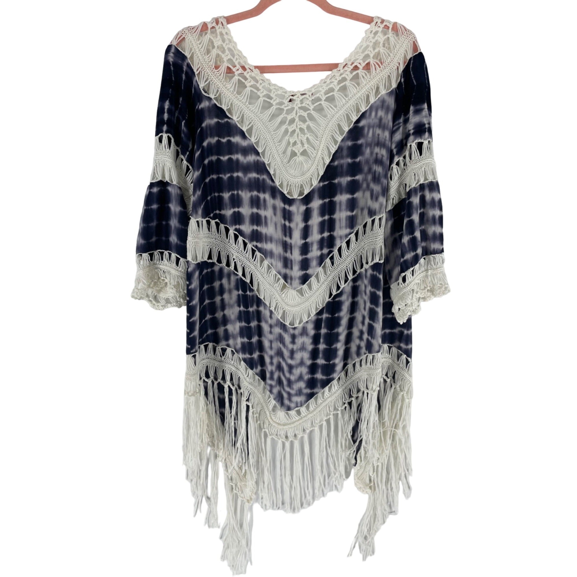 NWOT Vivid Importers Size Medium Navy Blue & White Tie Dye Embroidered Kimono W/ Fringe Hem