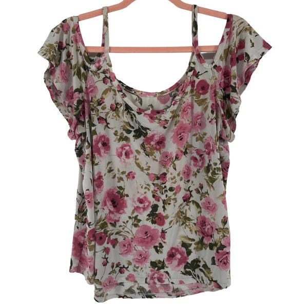 Say Anything Women's Size Large Mauve Pink/Cream/Olive Floral Cold Shoulder Top