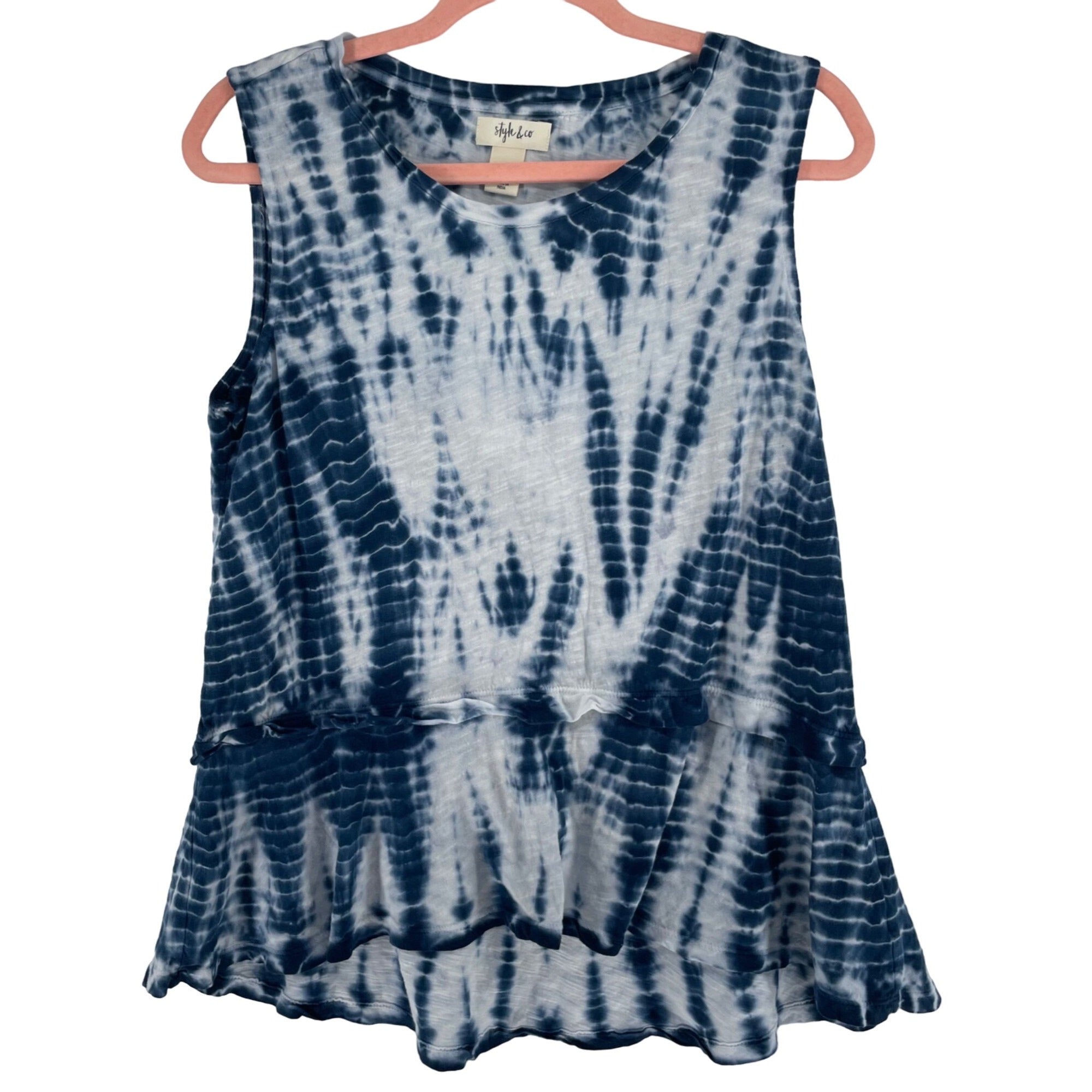 Style  & Co. Women's Size Medium Sleeveless Blue & White Tie Dye Pleated Tier Ruffle Top