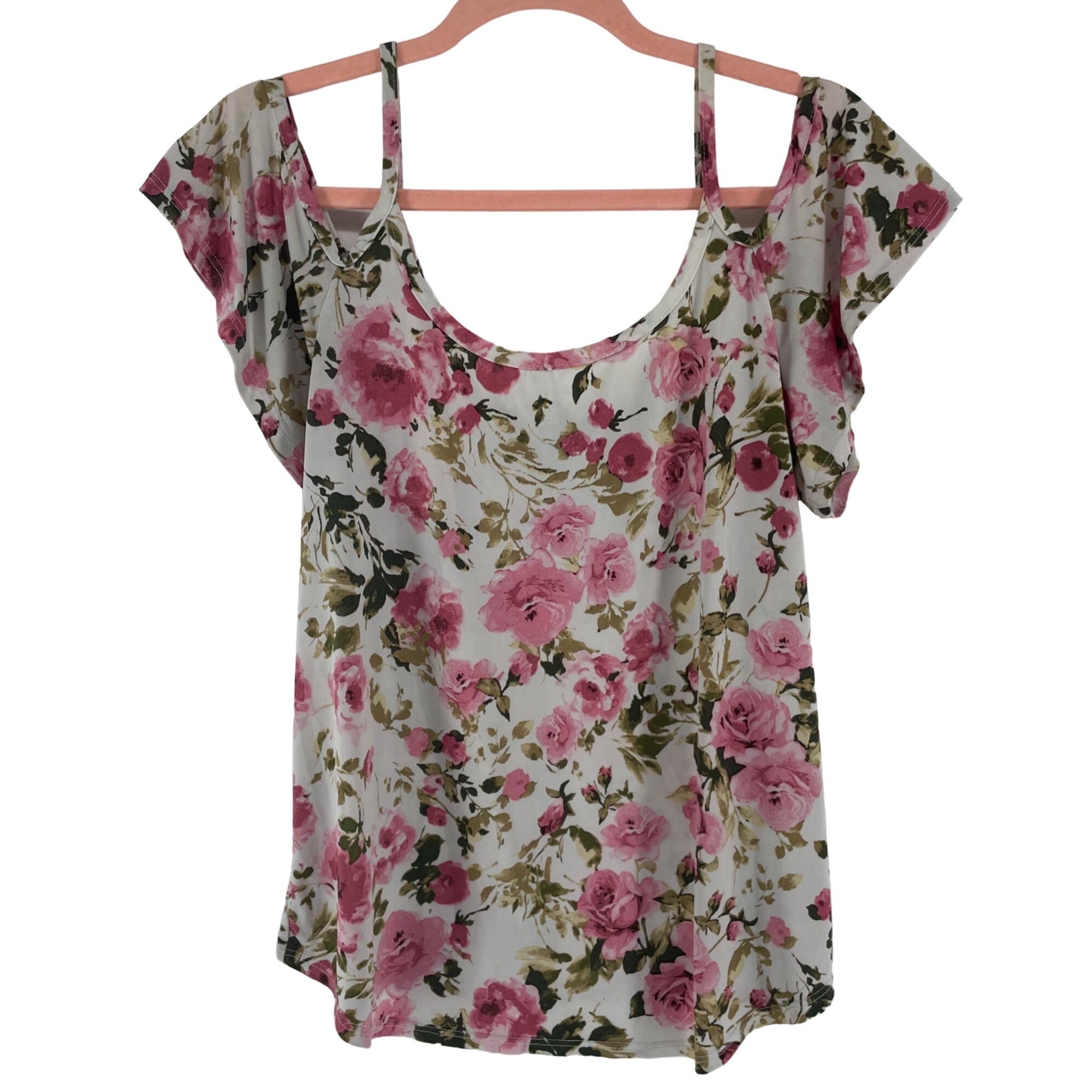 Say Anything Women's Size Large Mauve Pink/Cream/Olive Floral Cold Shoulder Top