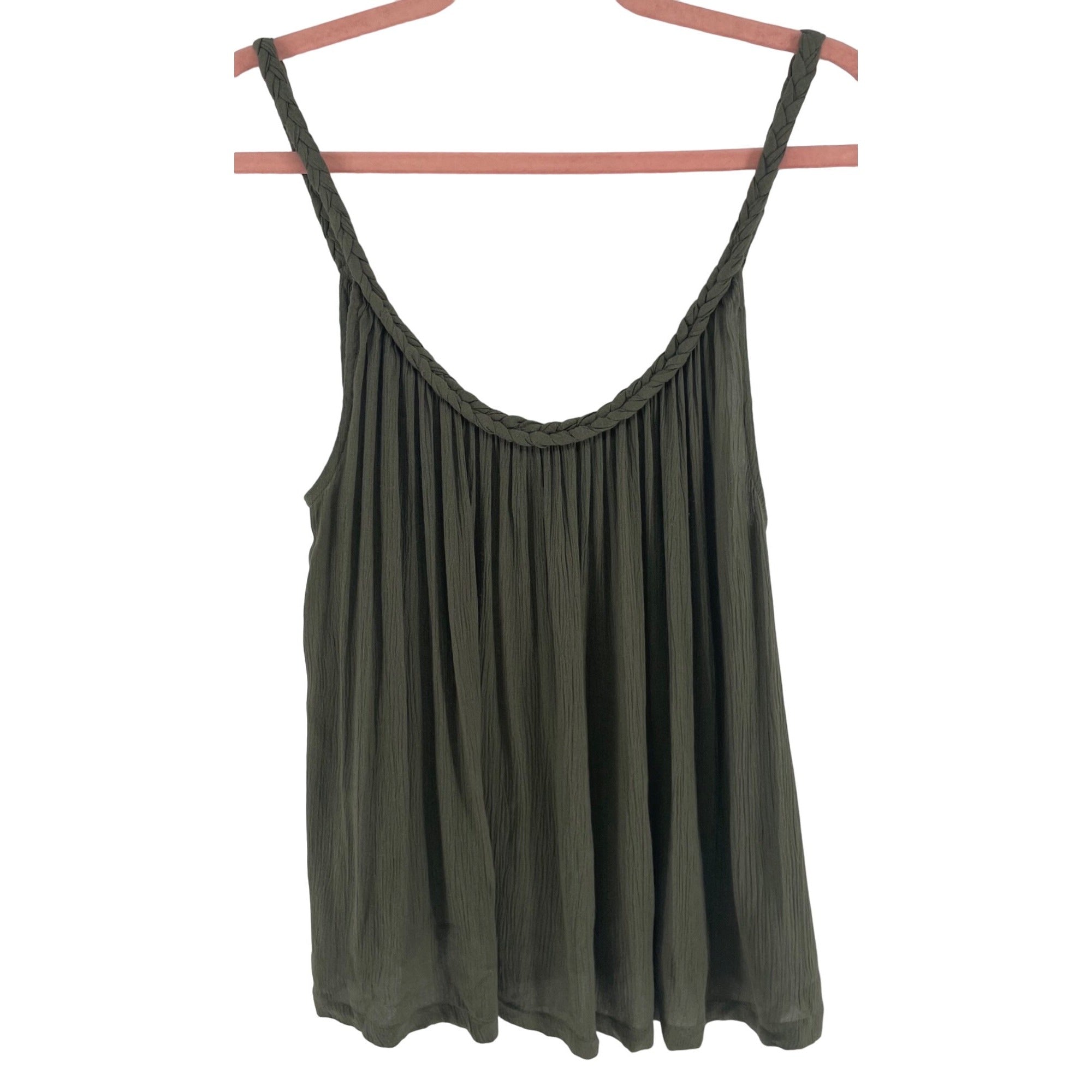 Topshop Women's Size 6 Olive Green/Army Green Roped Spaghetti Strap A-Line Pleated Top