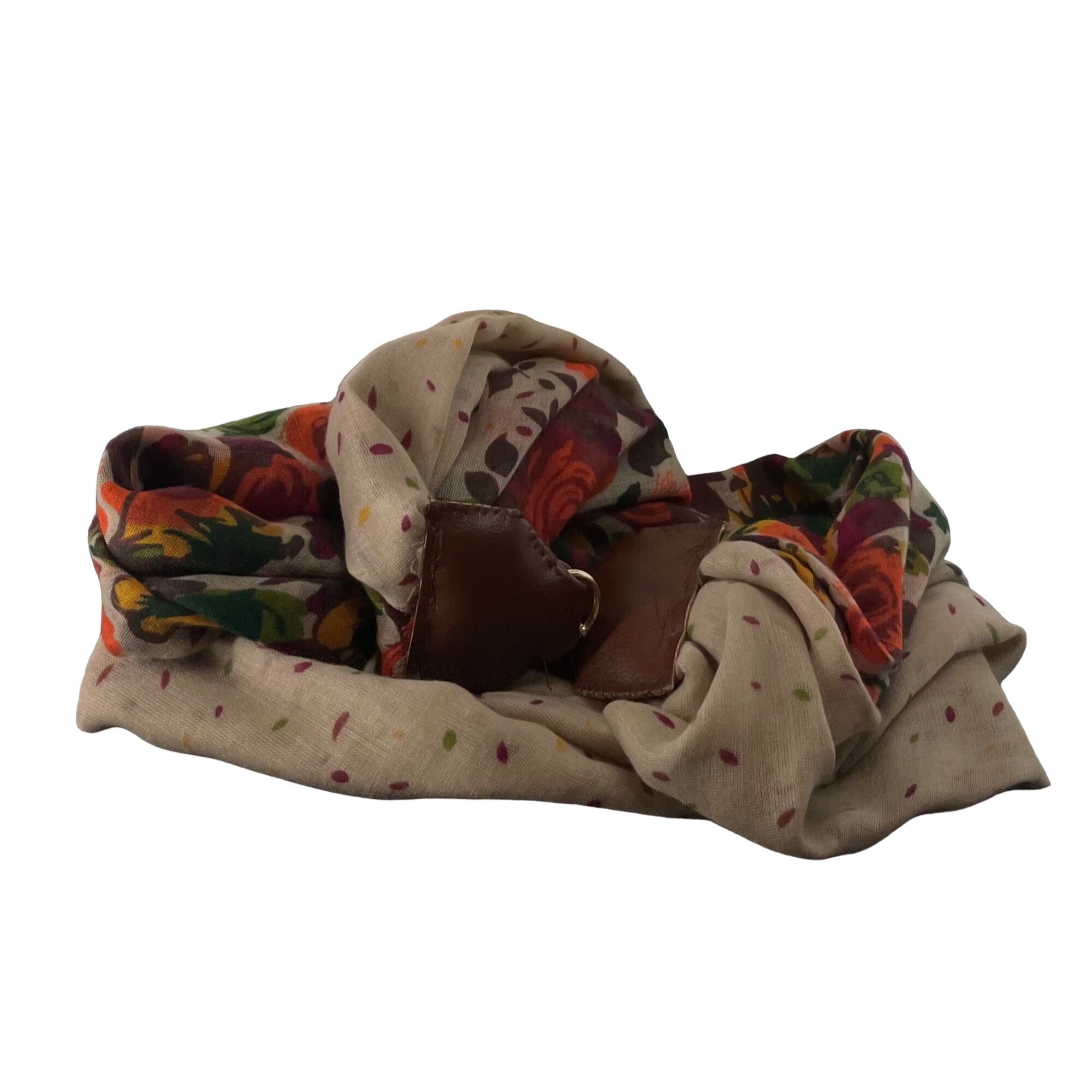 Women's Tan Scarf With Multi-Colored Floral Pattern W/ Hook Clasp