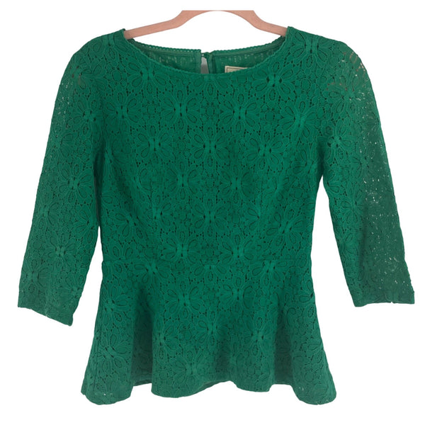 Moulinette Soeurs Women's Size 2 Green Floral Lace 3/4 Length Sleeve Peplum Top