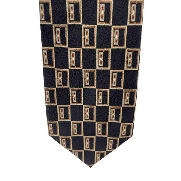 Von Furstenberg Men's Black, Tan & Burnt Orange 100% Silk Dress Tie W/ Rectangle Motif