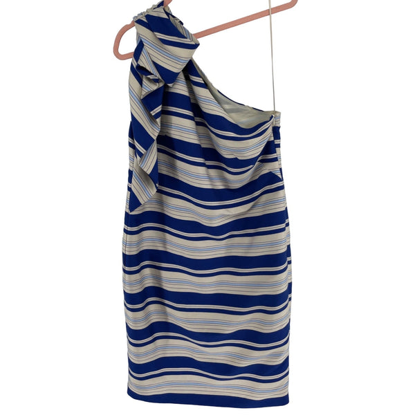 Banana Republic Women's Size 12 Blue & Cream Striped One-Shoulder Dress