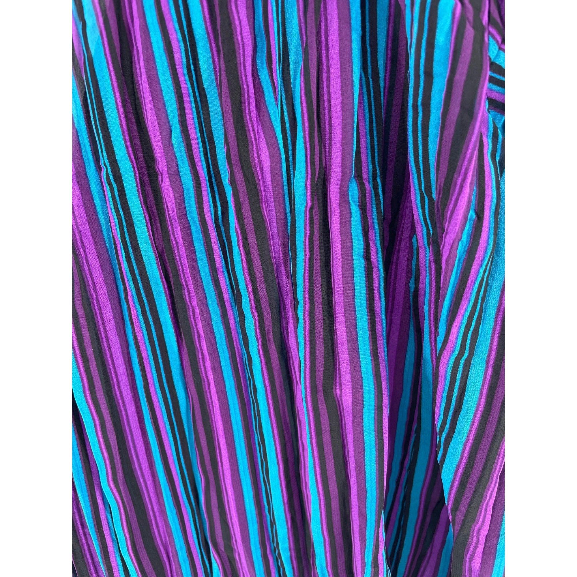 Notations Women's Size 2X Purple, Aqua & Black Striped Ruffle Crinkle Top W/ Flared Sleeves