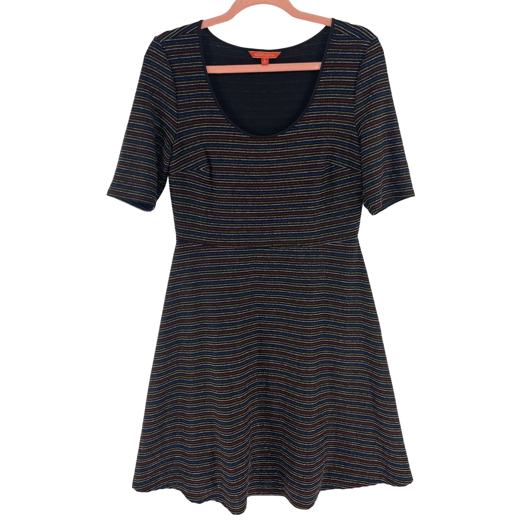 MODCLOTH Women's Size Large Black Dress W/ Sparkly Multi-Colored Stripes