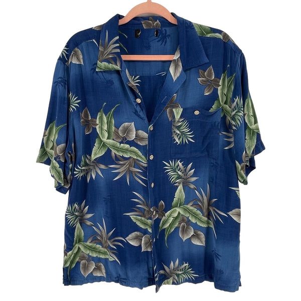 Men's Size Medium Vintage Blue/Green/Grey/White Tropical Hawaiian Button-Down Shirt