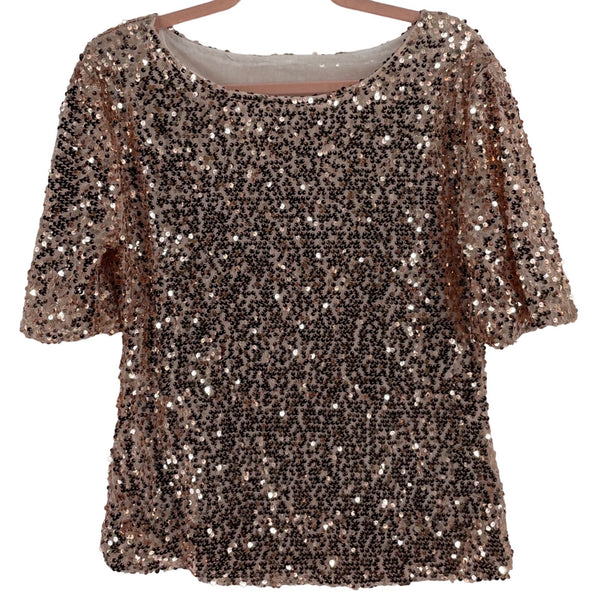 Women's Size Large Rose Gold Sequin Crew Neck Short-Sleeved Top