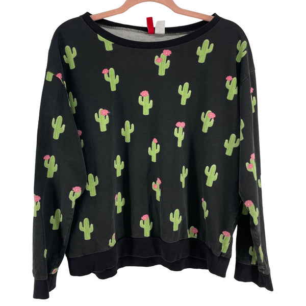 H&M Women's Size Medium Black, Green & Pink Cactus Print Sweatshirt