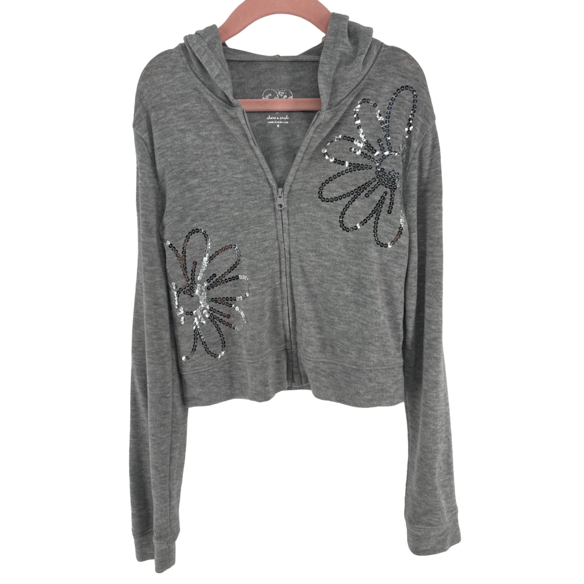 Justice Girl's Size 6 Grey Zip-Up Sweater Hoodie W/ Floral Pattern Silver Sequins