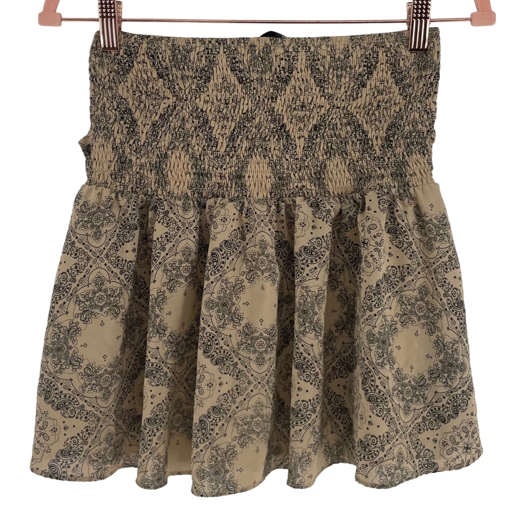 French Kiss Women's Size Medium Strapless Tan/Black Paisley Pleated A-Line Ruffle Mini Romper