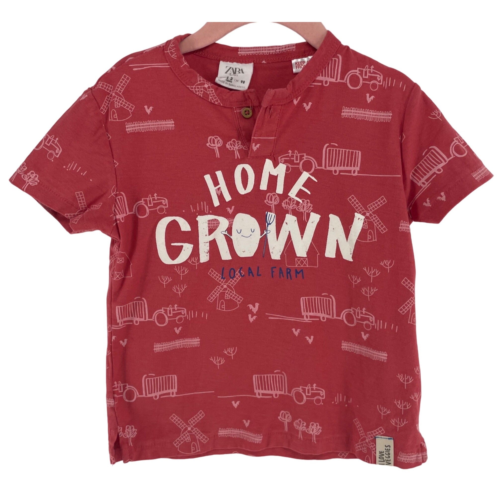 Zara Boy's Size 2/3 Toddler Red & White Graphic "Home Grown" Farming T-Shirt