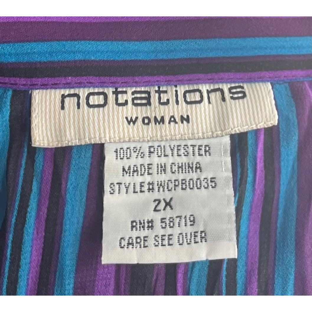 Notations Women's Size 2X Purple, Aqua & Black Striped Ruffle Crinkle Top W/ Flared Sleeves