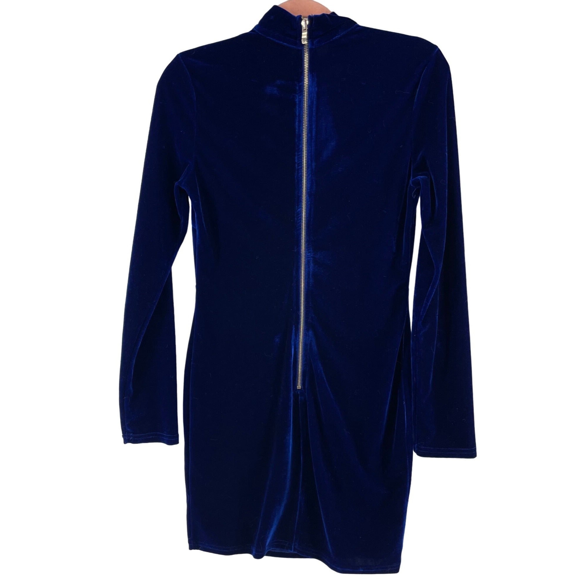 Privy Women's Size Large Royal Blue Velour Long-Sleeved Deep V-Neck Bodycon dress W/ Collar