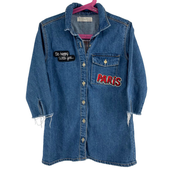 Zara Girls Size 6 (Years) Blue Denim Collared Button-Down Paris-Themed Dress