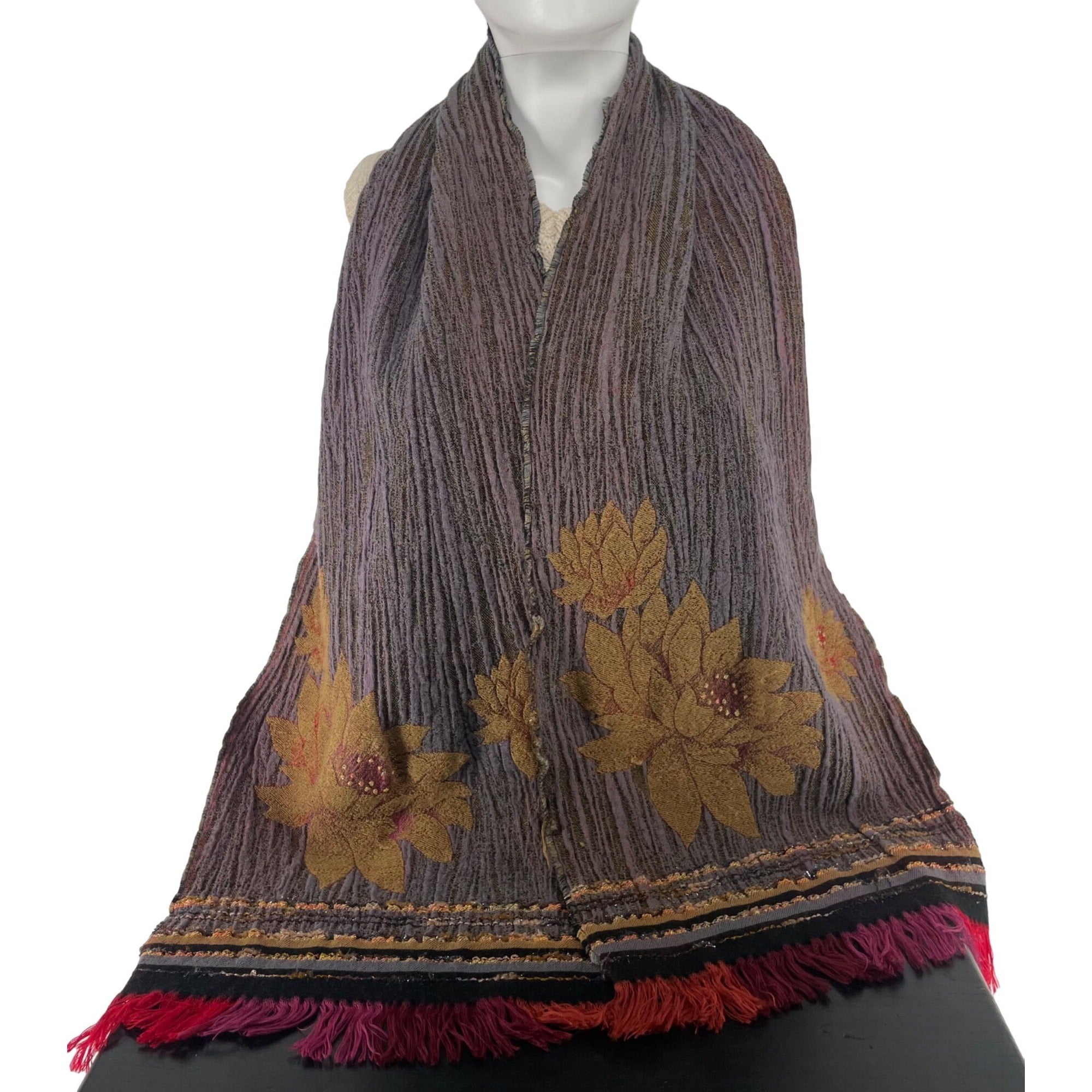 Women's Floral Embroidered Multi-Colored Scarf W/ Tassel Fringe