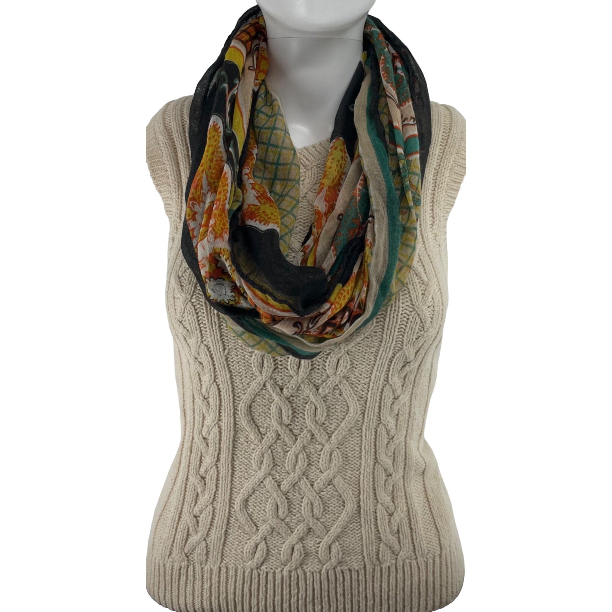 Women's Orange, Yellow, Teal & Black Infinity Floral Print Scarf