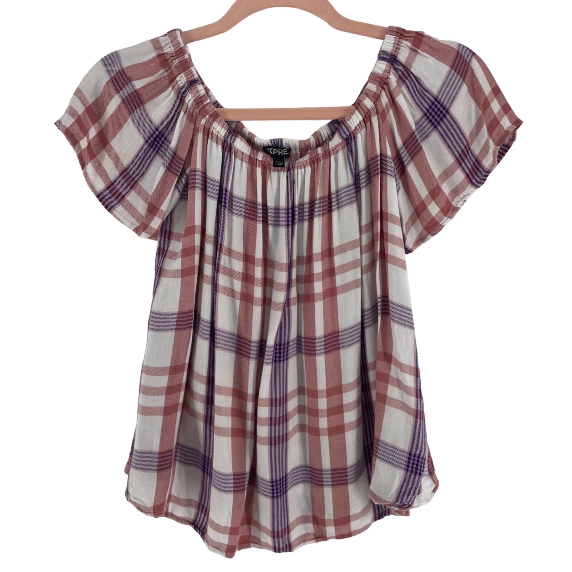 Express Women's Size XS Mauve Pink/Purple/White Plaid Off-The-Shoulder Top