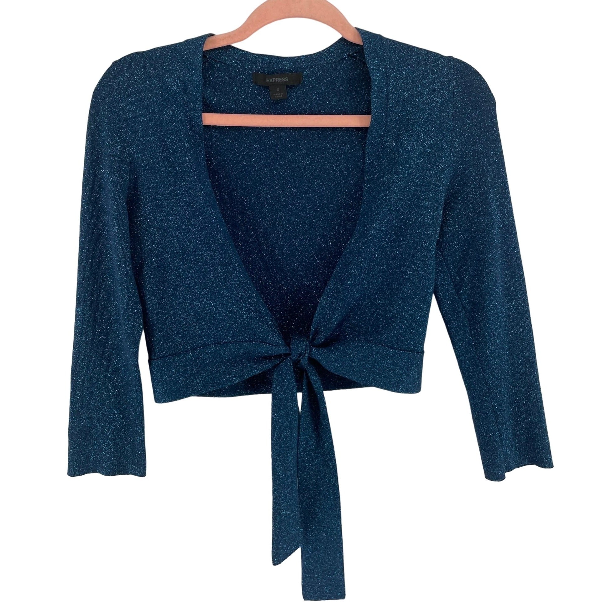 Express Women's Size Small Sparkly Blue Cropped Cardigan W/ Knot Tie