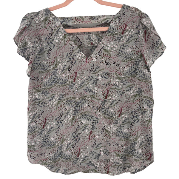 LOFT Women's Size Small Grey/Multi-Colored Floral Short-Sleeved V-Neck Top