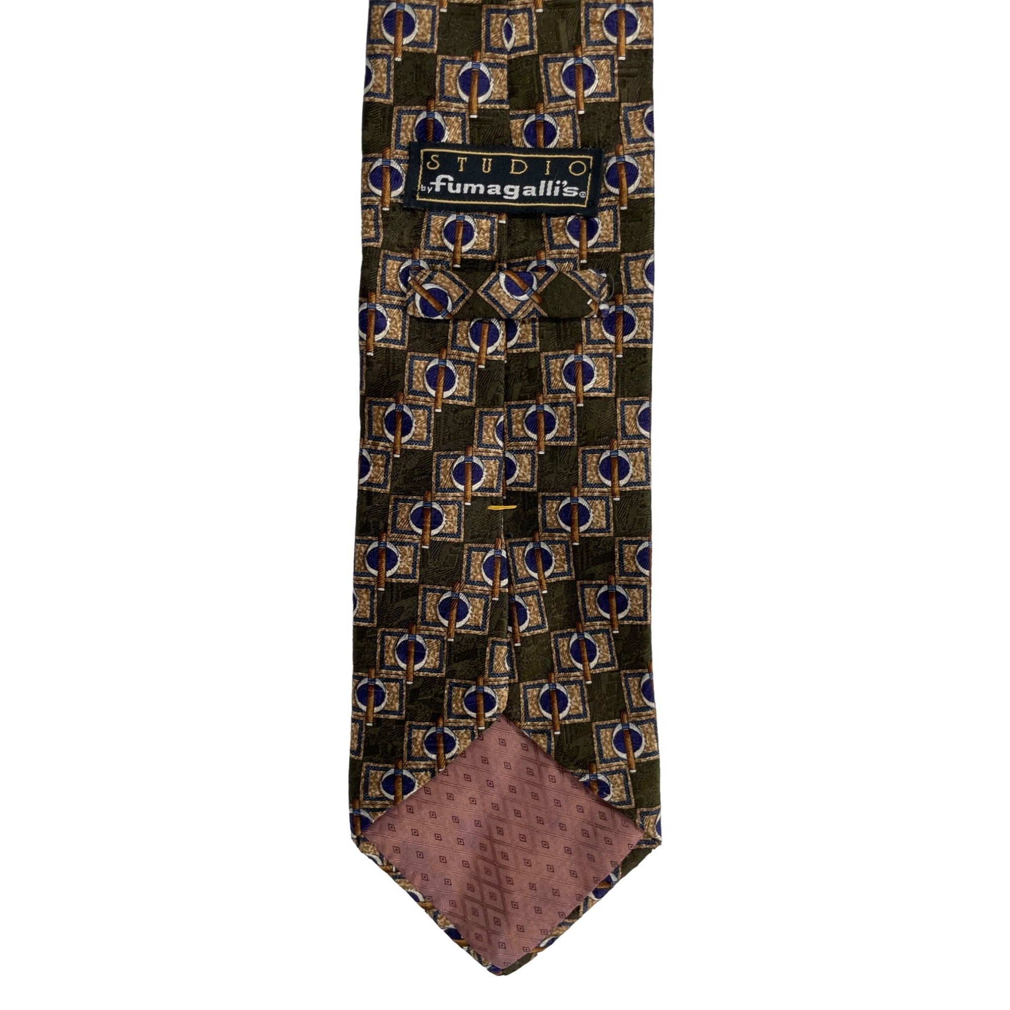 Fumagalli's Men's Olive Green, Navy & Tan Cigar Print Silk Dress Tie