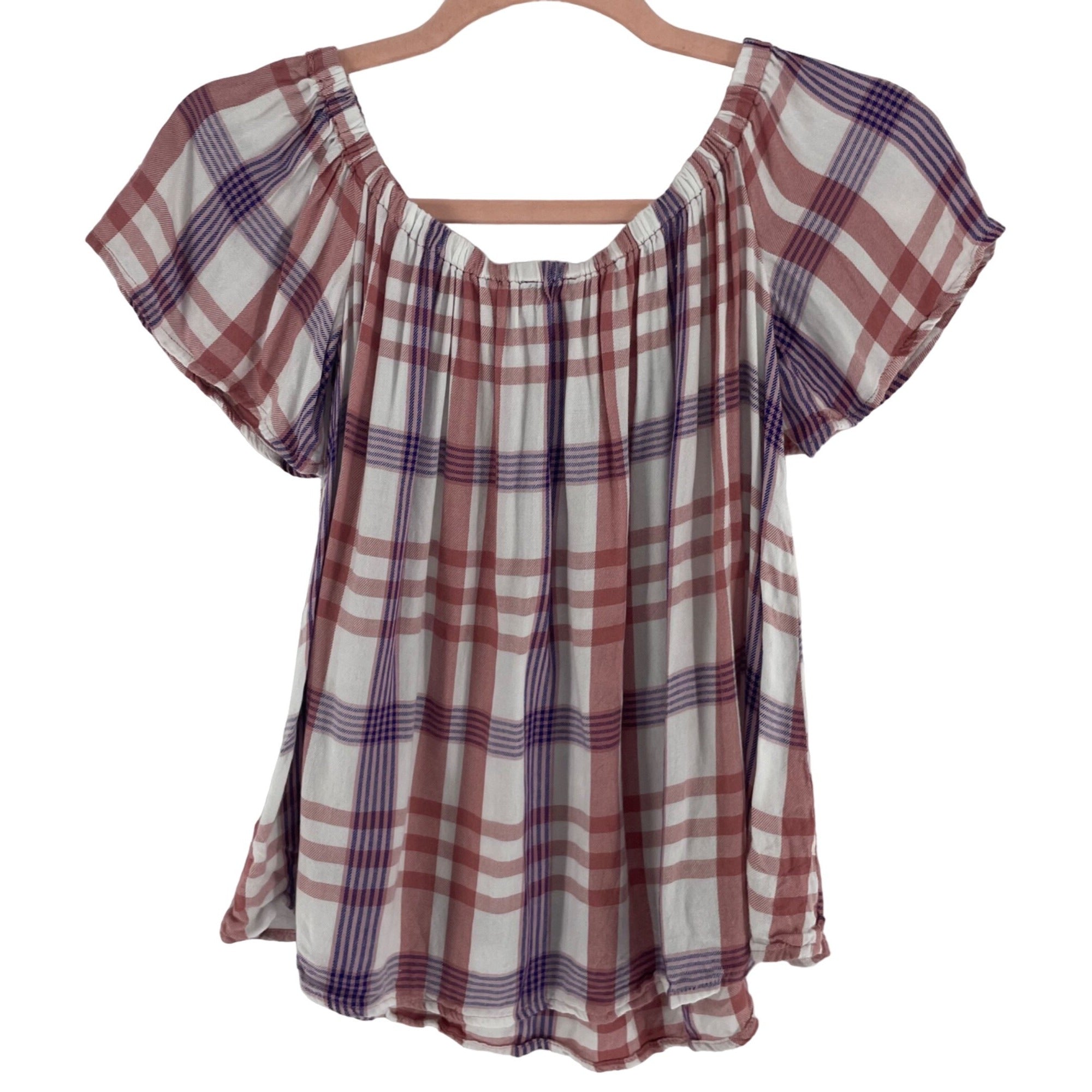 Express Women's Size XS Mauve Pink/Purple/White Plaid Off-The-Shoulder Top