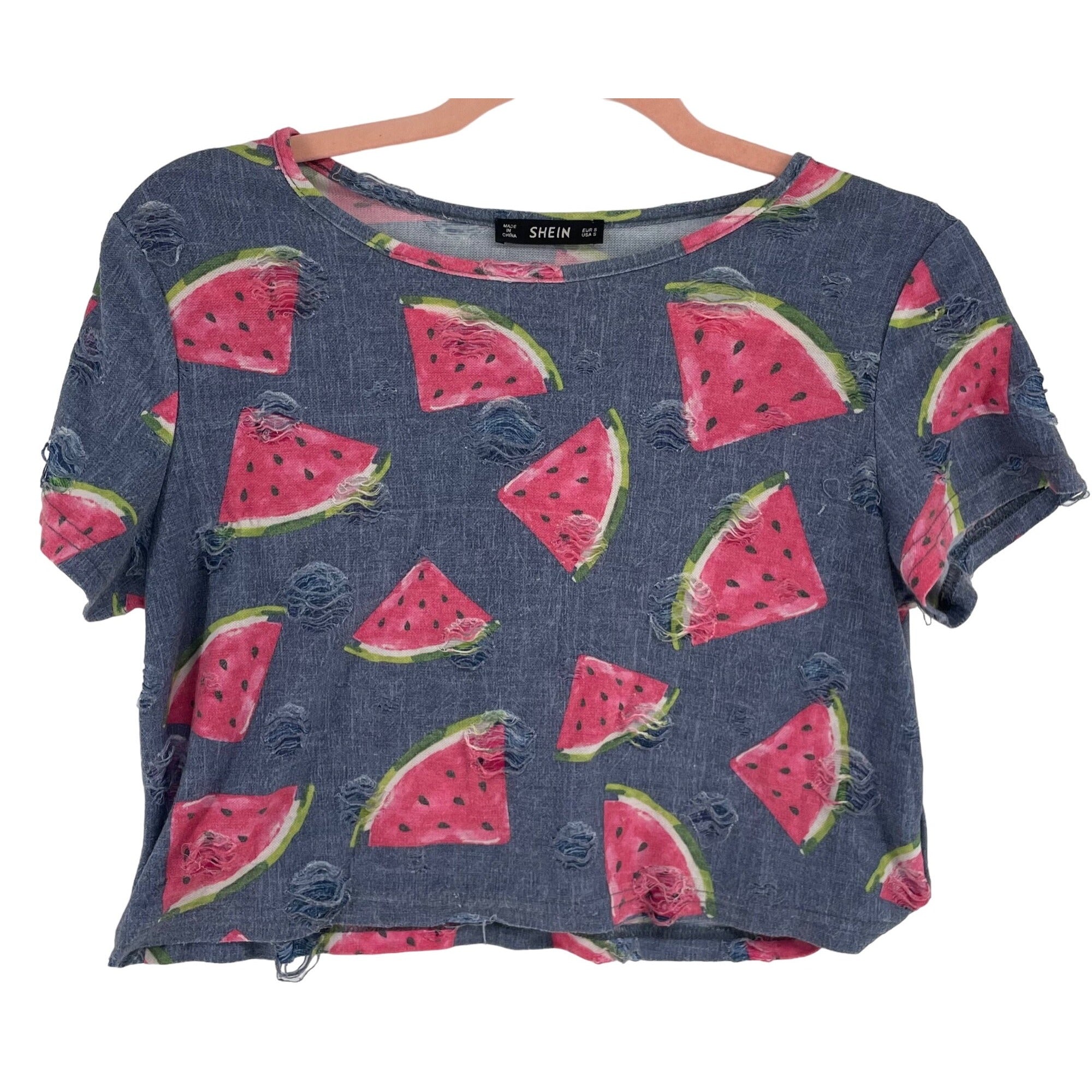 Shein Women's Size Small Blue/Pink/Green Watermelon Print Crop Top