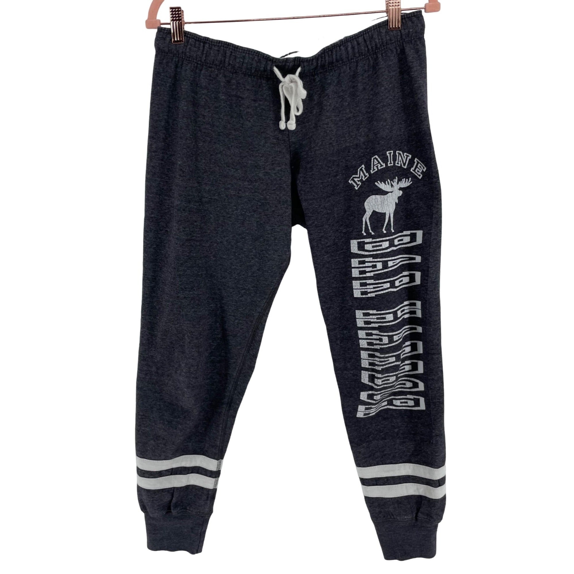 Basix Of America Women's Size Medium Grey/White Sweatpants W/ "Maine" Graphic Message & Moose